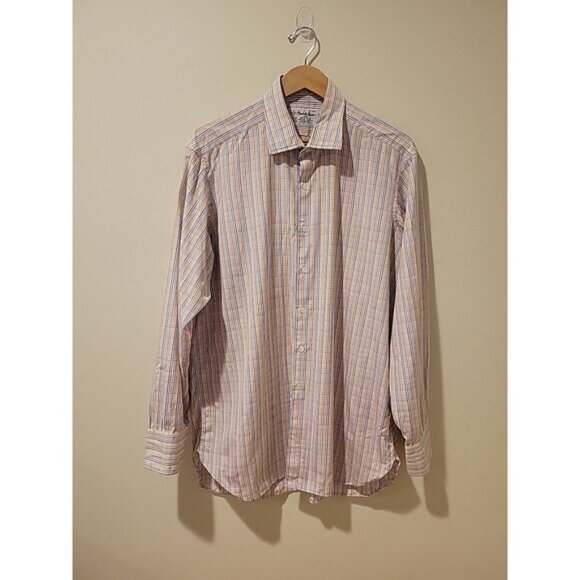 Turnbull & Asser Shirt Orange/Blue Plaid Long Sleeve Cotton Sz 17/43 Work Career - Picture 1 of 6